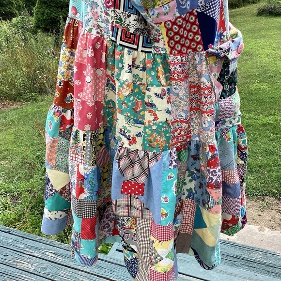 Upcycled vintage crazy patchwork quilt babydoll mid length lined dress Med to XL - Picture 5 of 16